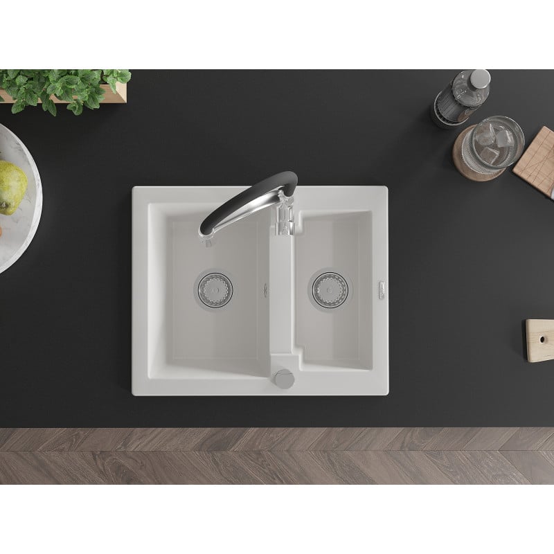 Mexen Carlos fregadero de granito de 1,5 senos con grifo de cocina Aster, blanco - 6518-20-73450-07