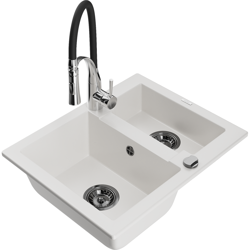 Mexen Carlos lava-loiça de granito 1,5-comporta com torneira de cozinha Aster, branco - 6518-20-73450-07-B