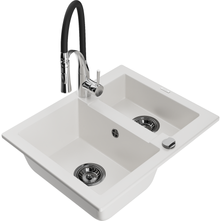 Mexen Carlos granite sink 1.5-bowl with Aster kitchen tap, white - 6518-20-73450-07-B