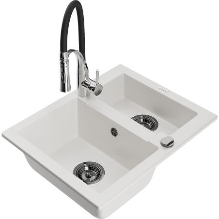 Mexen Carlos granitische gootsteen 1,5-kamer met keukenkraan Aster, wit - 6518-20-73450-07-B