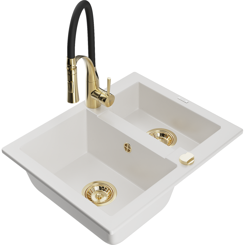 Mexen Carlos granite sink 1.5-bowl with Aster kitchen tap, white - 6518-20-73450-57-G