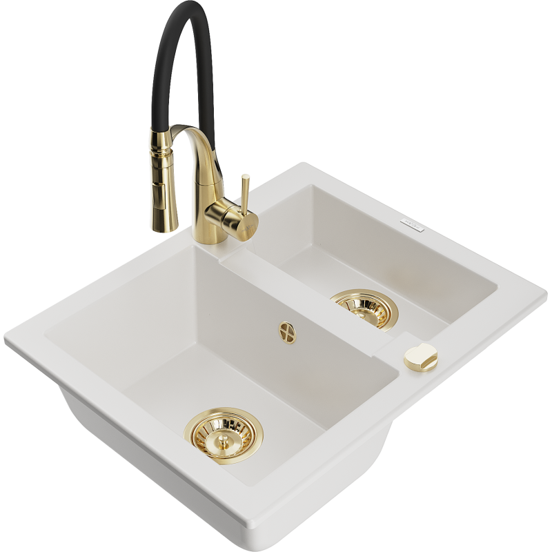 Mexen Carlos lavello in granito a 1,5 vasche con miscelatore da cucina Aster, bianco - 6518-20-73450-57-G