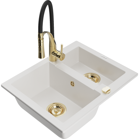 Mexen Carlos fregadero de granito de 1,5 senos con grifo de cocina Aster, blanco - 6518-20-73450-57-G