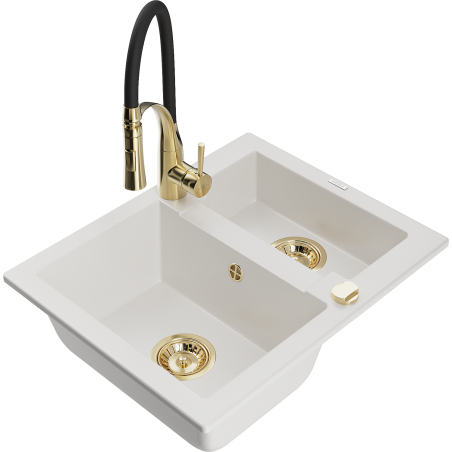 Mexen Carlos granite sink 1.5-bowl with Aster kitchen tap, white - 6518-20-73450-57-G