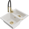 Mexen Carlos granite sink 1.5-bowl with Aster kitchen tap, white - 6518-20-73450-57-G