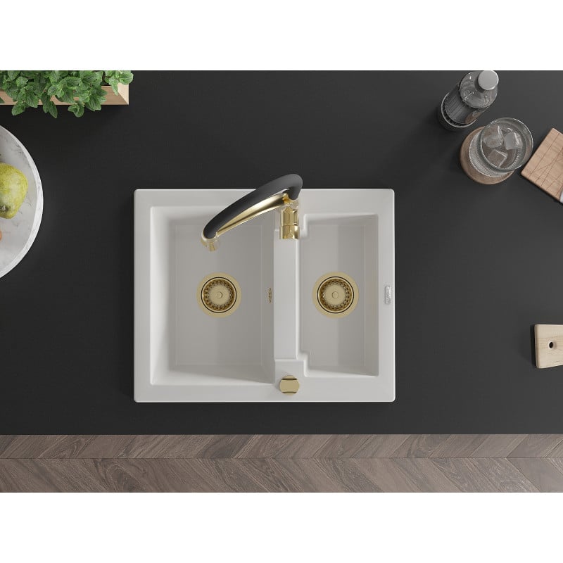 Mexen Carlos lavello in granito a 1,5 vasche con miscelatore da cucina Aster, bianco - 6518-20-73450-57-G