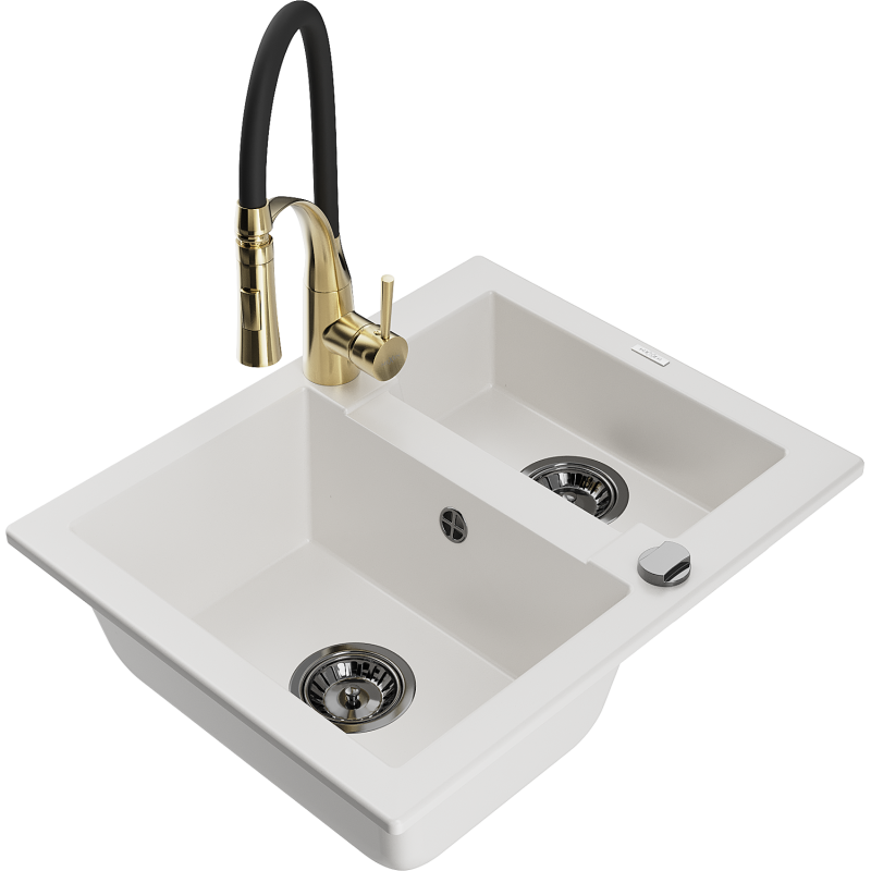 Mexen Carlos granite sink 1.5-bowl with Aster kitchen tap, white - 6518-20-73450-57-B
