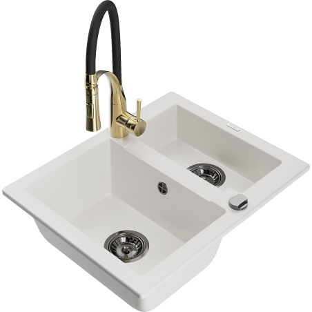 Mexen Carlos granite sink 1.5-bowl with Aster kitchen tap, white - 6518-20-73450-57-B