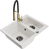 Mexen Carlos granite sink 1.5-bowl with Aster kitchen tap, white - 6518-20-73450-57-B