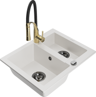 Mexen Carlos fregadero de granito de 1,5 senos con grifo de cocina Aster, blanco - 6518-20-73450-57-B