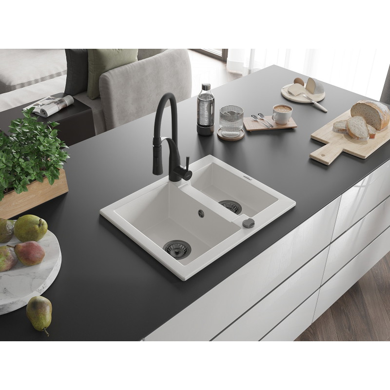 Mexen Carlos fregadero de granito de 1,5 cubetas con grifo de cocina Aster, blanco - 6518-20-73450-70-B