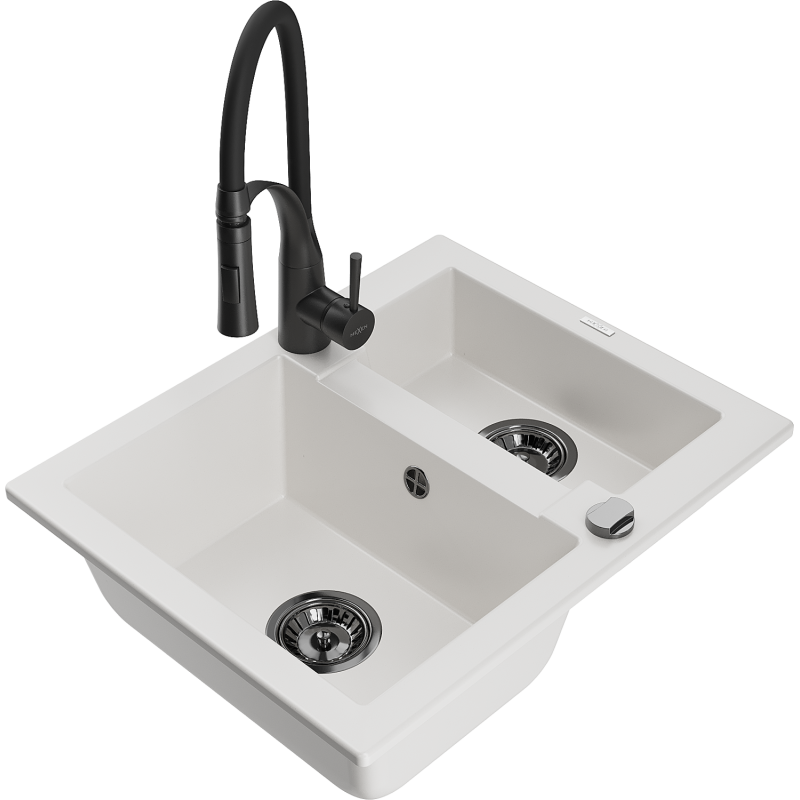 Mexen Carlos évier en granit 1,5 cuves avec robinet de cuisine Aster, blanc - 6518-20-73450-70-B