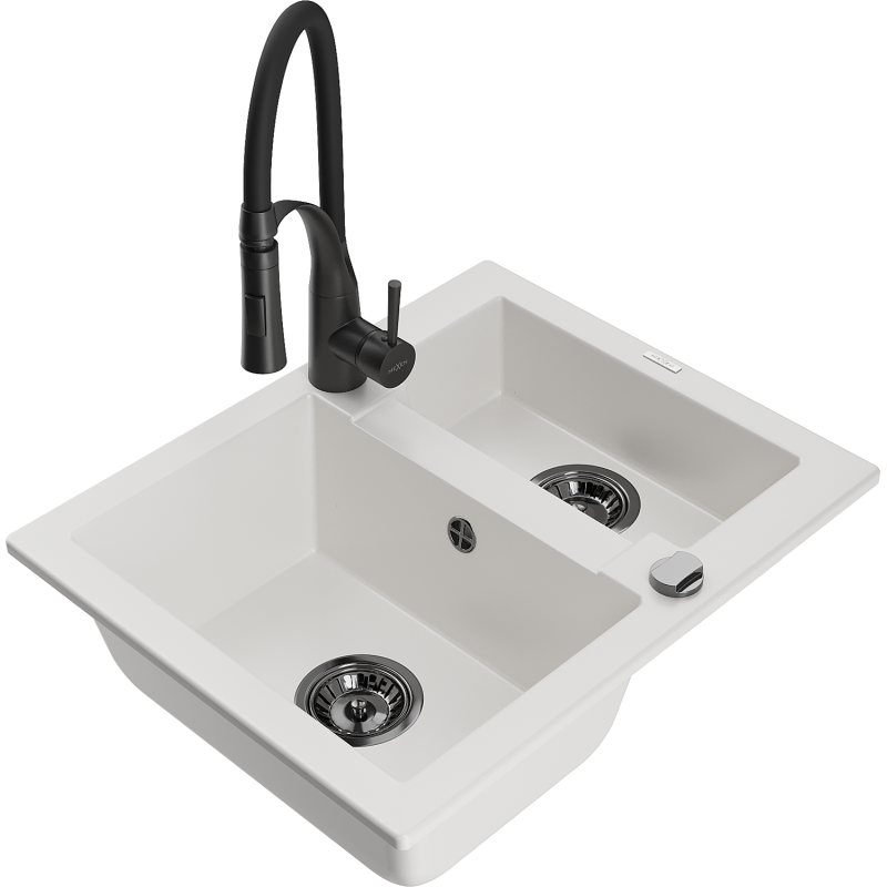 Mexen Carlos lava-loiça de granito de 1,5 bacias com torneira de cozinha Aster, branco - 6518-20-73450-70-B