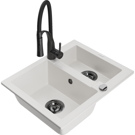Mexen Carlos granite sink 1.5-bowl with Aster kitchen tap, white - 6518-20-73450-70-B