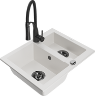 Mexen Carlos granite sink 1.5-bowl with Aster kitchen faucet, white - 6518-20-73450-70-B