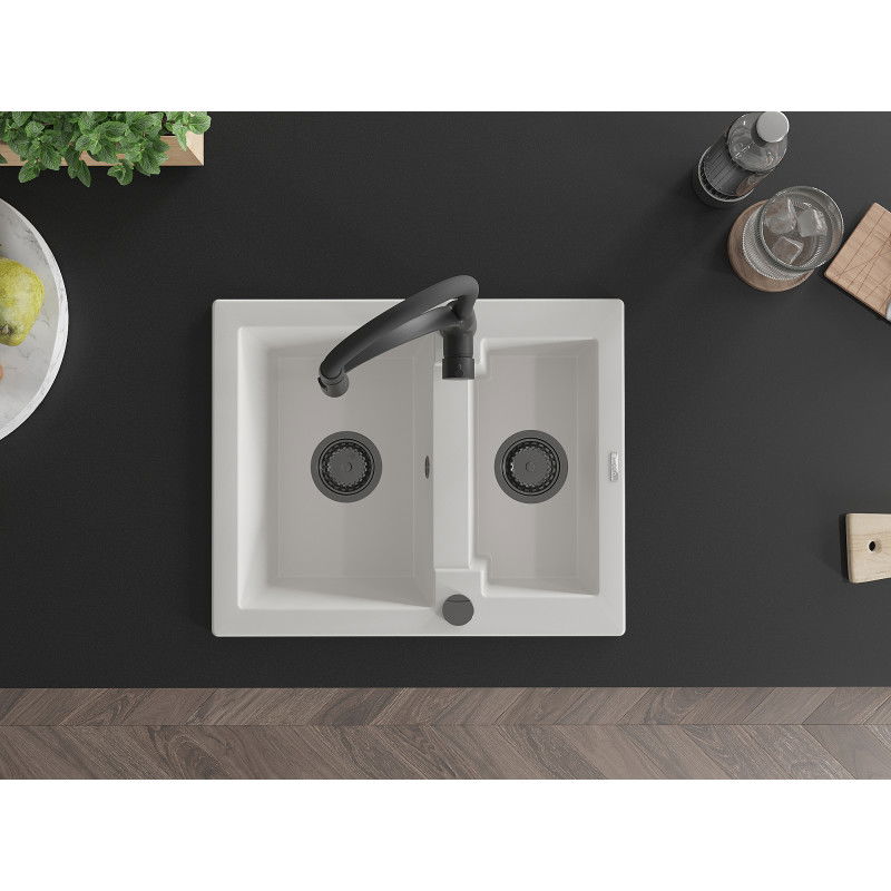 Mexen Carlos granite sink 1.5-bowl with Aster kitchen tap, white - 6518-20-73450-70-B