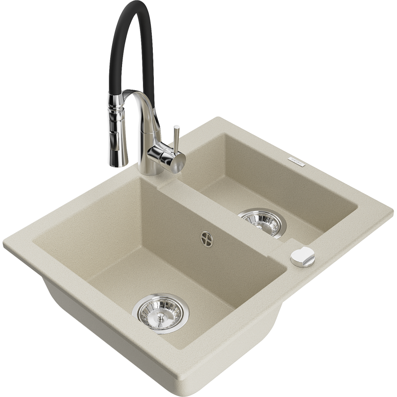 Mexen Carlos fregadero de granito de 1,5 senos con grifo de cocina Aster, beige - 6518-69-73450-07