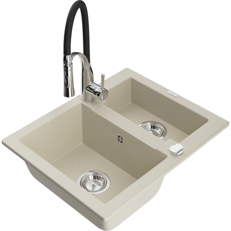 Mexen Carlos granieten spoelbak 1,5-kamer met keukenmengkraan Aster, beige - 6518-69-73450-07