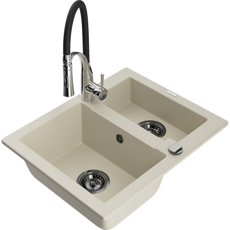 Mexen Carlos fregadero de granito de 1,5 cubetas con grifo de cocina Aster, beige - 6518-69-73450-07-B