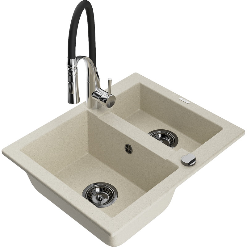 Mexen Carlos fregadero de granito de 1,5 senos con grifo de cocina Aster, beige - 6518-69-73450-07-B