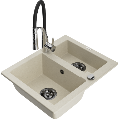 Mexen Carlos 1,5-komorige granieten gootsteen met keukenmengkraan Aster, beige - 6518-69-73450-07-B