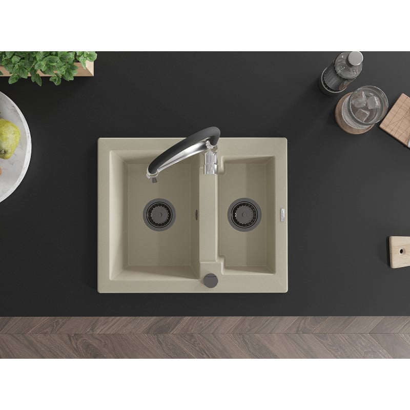 Mexen Carlos fregadero de granito de 1,5 cubetas con grifo de cocina Aster, beige - 6518-69-73450-07-B