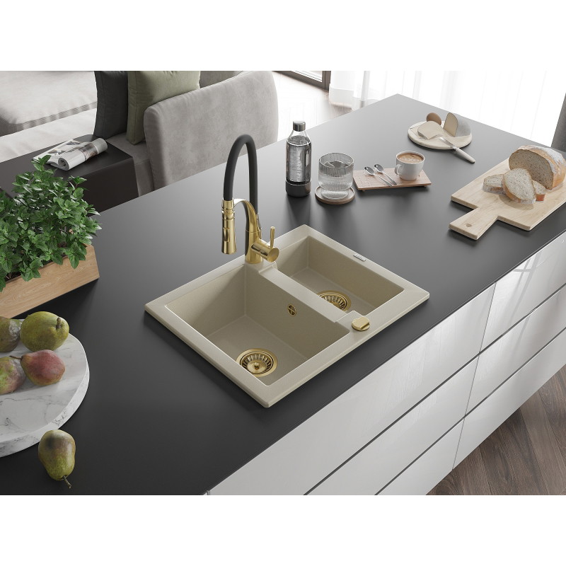 Mexen Carlos Granit gootsteen 1,5-compartiment met keukenmengkraan Aster, beige - 6518-69-73450-57-G