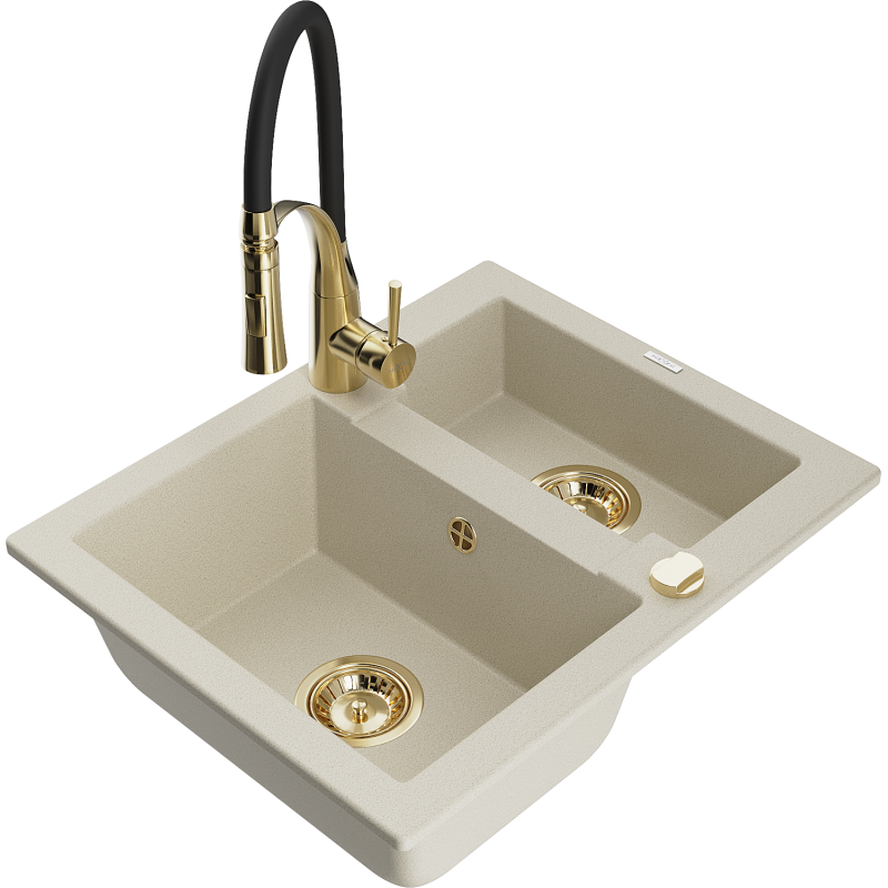 Mexen Carlos fregadero de granito 1,5 cubetas con grifo de cocina Aster, beige - 6518-69-73450-57-G