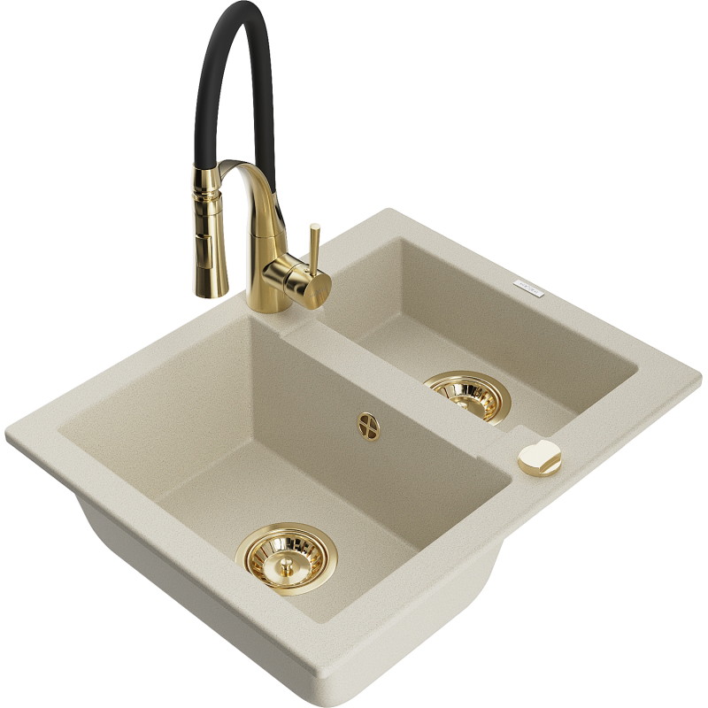 Mexen Carlos Granitspüle 1,5-Becken mit Küchenarmatur Aster, beige - 6518-69-73450-57-G