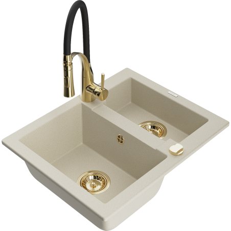 Mexen Carlos fregadero de granito 1,5 cubetas con grifo de cocina Aster, beige - 6518-69-73450-57-G