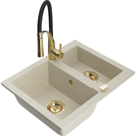 Mexen Carlos granite kitchen sink 1.5-bowl with Aster kitchen tap, beige - 6518-69-73450-57-G
