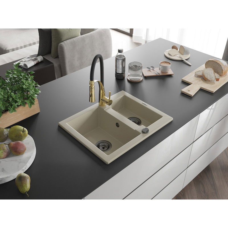 Mexen Carlos lavello in granito 1,5 vasche con rubinetto da cucina Aster, beige - 6518-69-73450-57-B