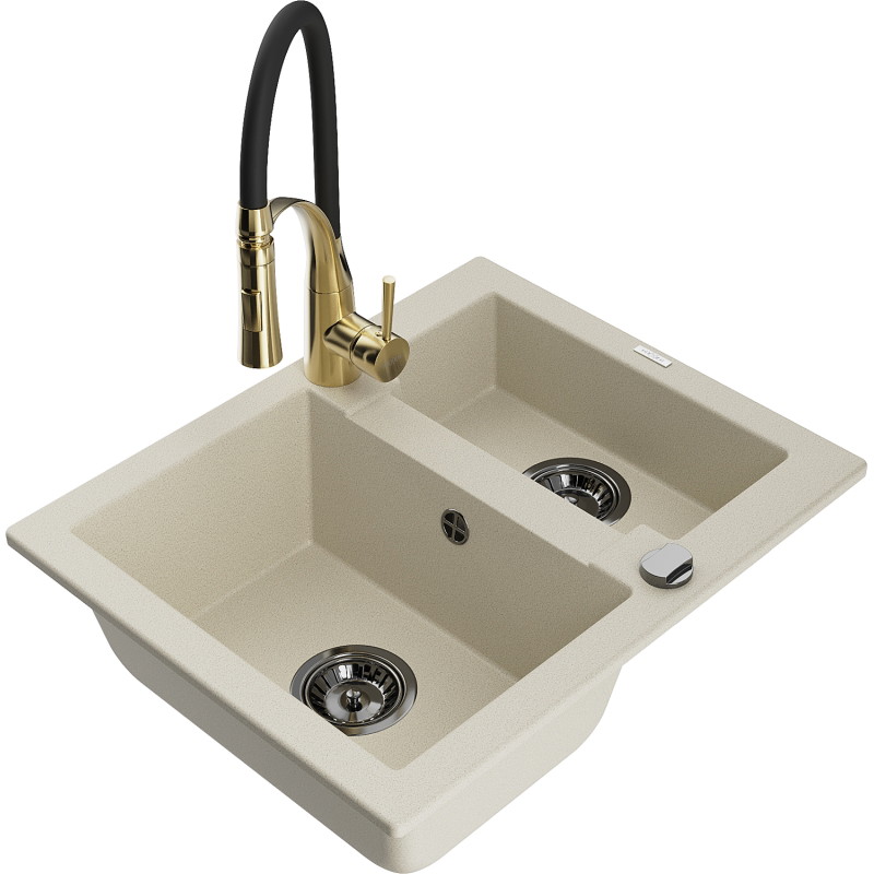 Mexen Carlos 1,5-komorige granieten spoelbak met keukenmengkraan Aster, beige - 6518-69-73450-57-B