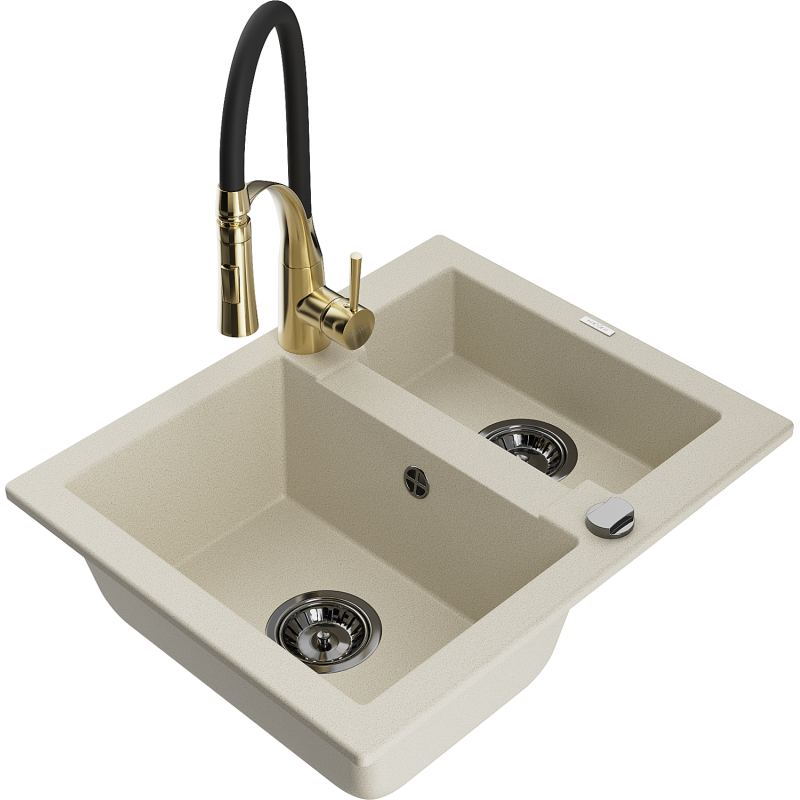 Mexen Carlos fregadero de granito de 1,5 senos con grifo de cocina Aster, beige - 6518-69-73450-57-B