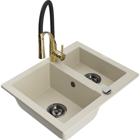 Mexen Carlos évier en granit 1,5 bac avec robinet de cuisine Aster, beige - 6518-69-73450-57-B
