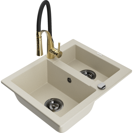 Mexen Carlos lavello in granito 1,5 vasche con rubinetto da cucina Aster, beige - 6518-69-73450-57-B