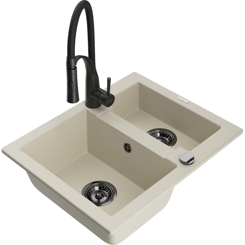 Mexen Carlos évier en granit 1,5 bac avec robinet de cuisine Aster, beige - 6518-69-73450-70-B
