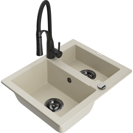 Mexen Carlos évier en granit 1,5 cuve avec robinet de cuisine Aster, beige - 6518-69-73450-70-B