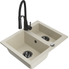 Mexen Carlos granitische gootsteen met 1,5 kom en keukenkraan Aster, beige - 6518-69-73450-70-B