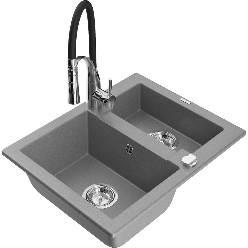 Mexen Carlos fregadero de granito de 1,5 senos con grifo de cocina Aster, gris - 6518-71-73450-07