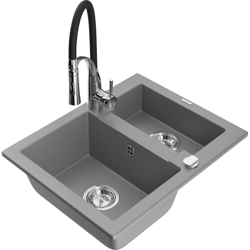 Mexen Carlos lava-louça de granito 1,5 cubas com torneira de cozinha Aster, cinza - 6518-71-73450-07
