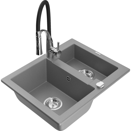 Mexen Carlos 1.5-bowl granite sink with Aster kitchen faucet, gray - 6518-71-73450-07