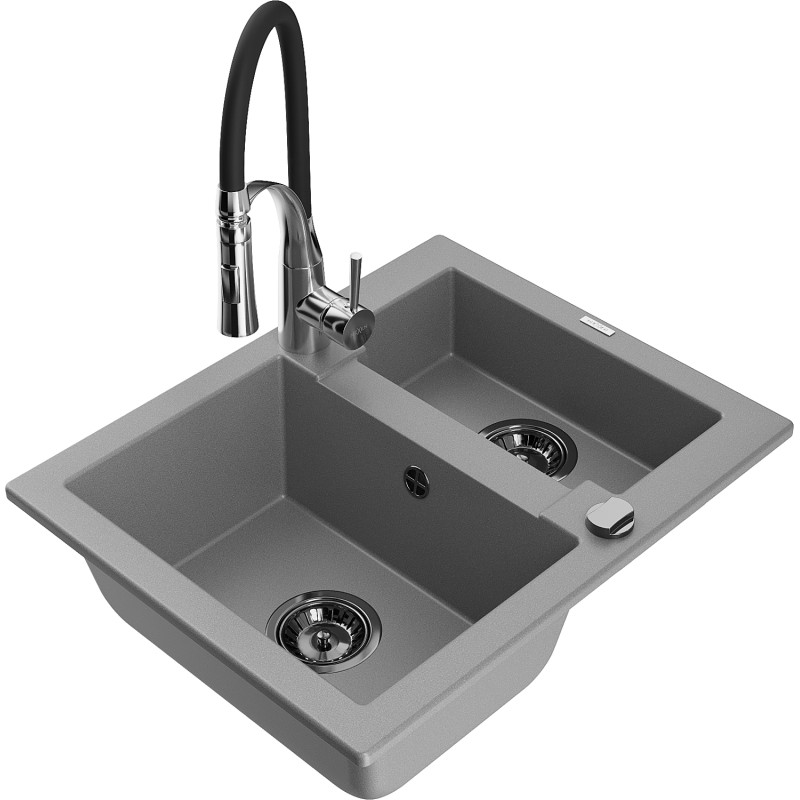 Mexen Carlos granieten gootsteen 1,5 kamer met Aster keukenkraan, grijs - 6518-71-73450-07-B