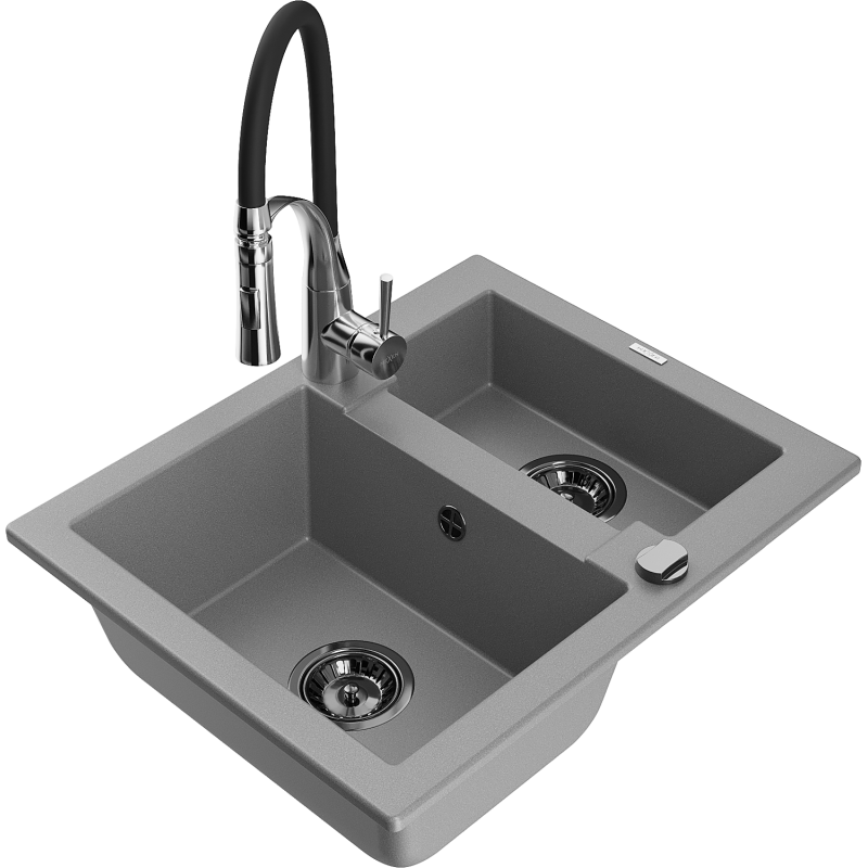 Mexen Carlos lava-loiça de granito de 1,5 bacias com torneira de cozinha Aster, cinza - 6518-71-73450-07-B