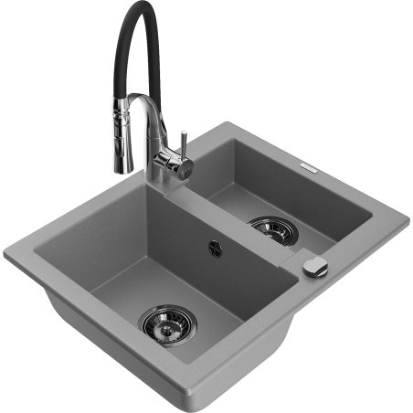 Mexen Carlos 1.5-bowl Granite Sink with Aster Kitchen Tap, Grey - 6518-71-73450-07-B