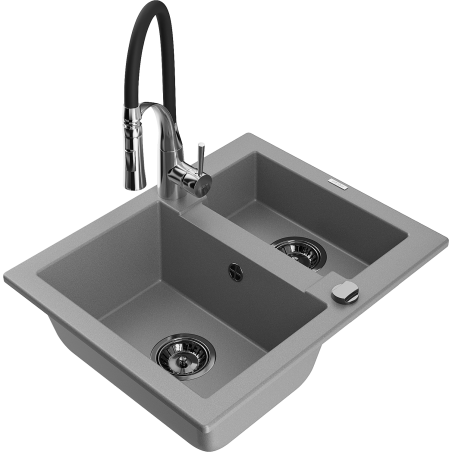 Mexen Carlos granieten spoelbak 1,5-kamers met keukenmengkraan Aster, grijs - 6518-71-73450-07-B