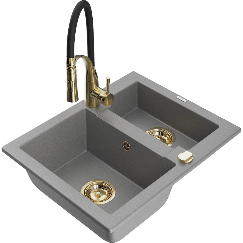 Mexen Carlos fregadero de granito de 1,5 senos con grifo de cocina Aster, gris - 6518-71-73450-57-G
