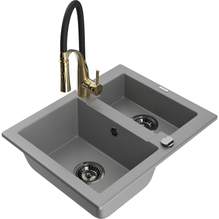 Mexen Carlos Granite 1.5-Bowl Sink with Aster Kitchen Faucet, Grey - 6518-71-73450-57-B
