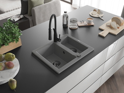 Mexen Carlos granite sink 1.5-bowl with Aster kitchen tap, grey - 6518-71-73450-70-B