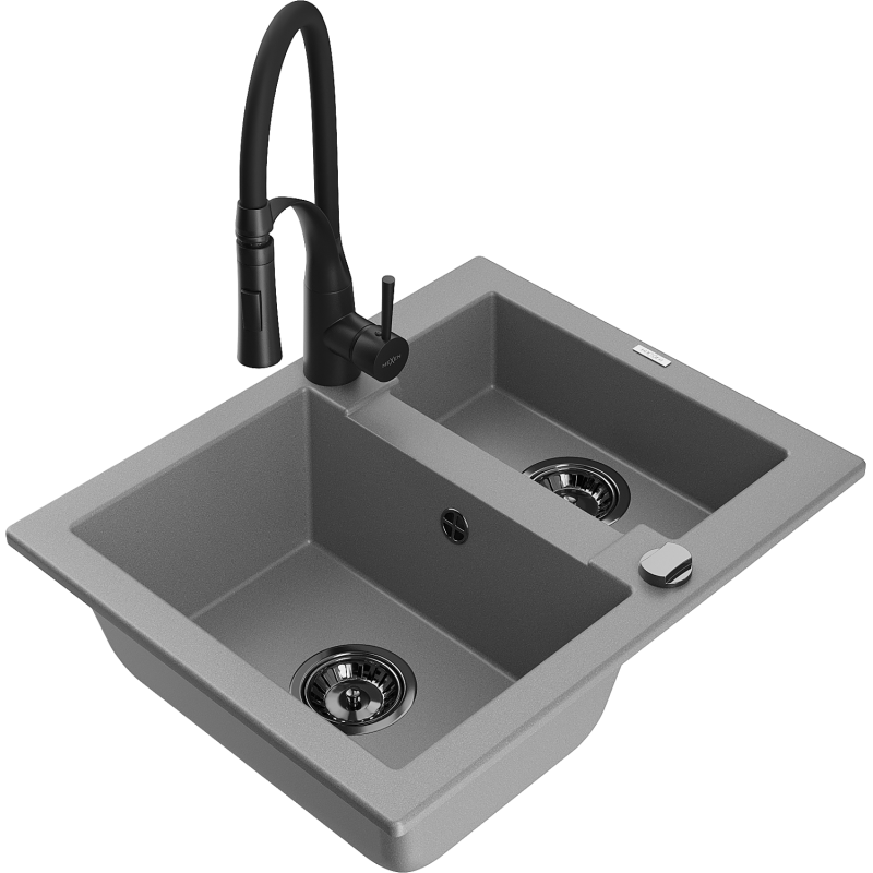 Mexen Carlos granieten spoelbak 1,5-kamer met Aster keukenmengkraan, grijs - 6518-71-73450-70-B